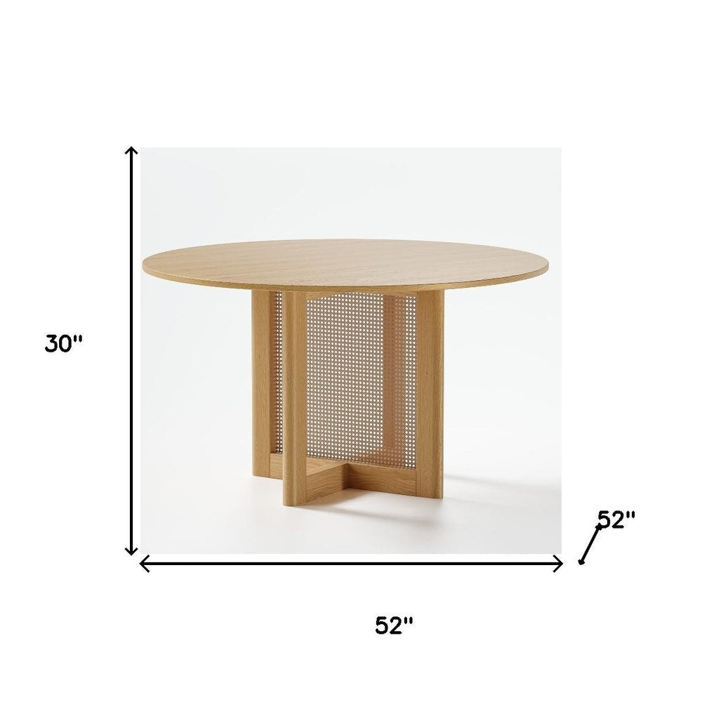 52" Natural Wood And Rattan Pedestal Base Round Top Dining Table