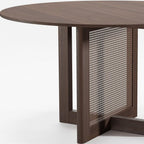 52" Natural Wood And Rattan Pedestal Base Round Top Dining Table
