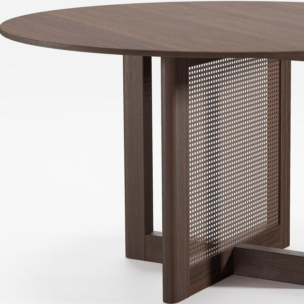 52" Natural Wood And Rattan Pedestal Base Round Top Dining Table