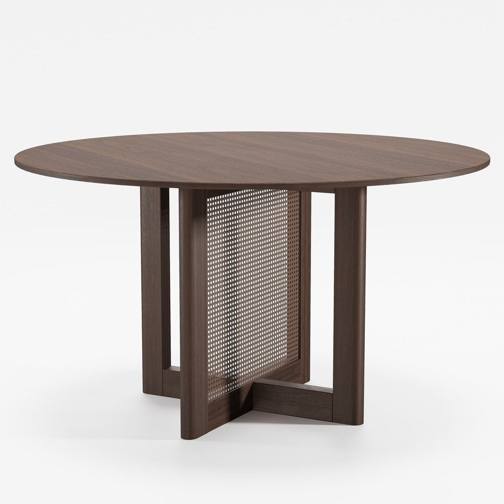 52" Natural Wood And Rattan Pedestal Base Round Top Dining Table