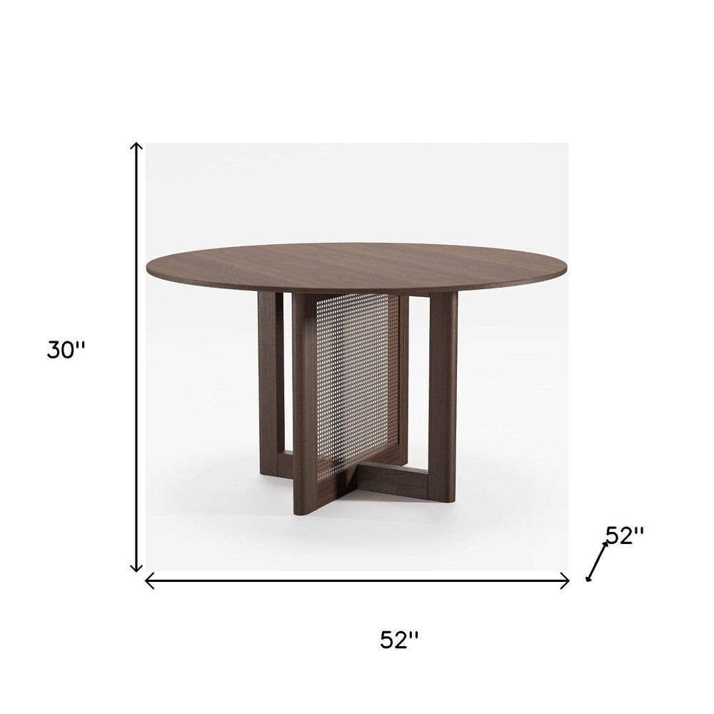 52" Natural Wood And Rattan Pedestal Base Round Top Dining Table