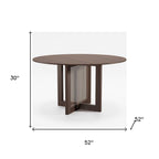 52" Natural Wood And Rattan Pedestal Base Round Top Dining Table