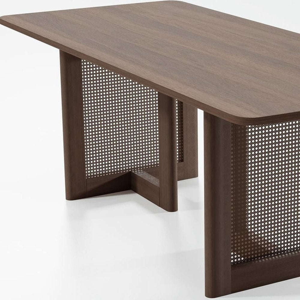 79" Walnut Solid Wood And Rattan Double Pedestal Base Dining Table