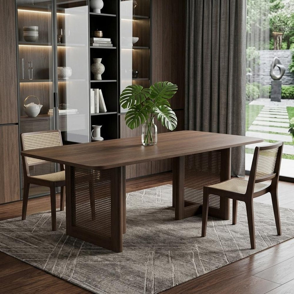 79" Walnut Solid Wood And Rattan Double Pedestal Base Dining Table