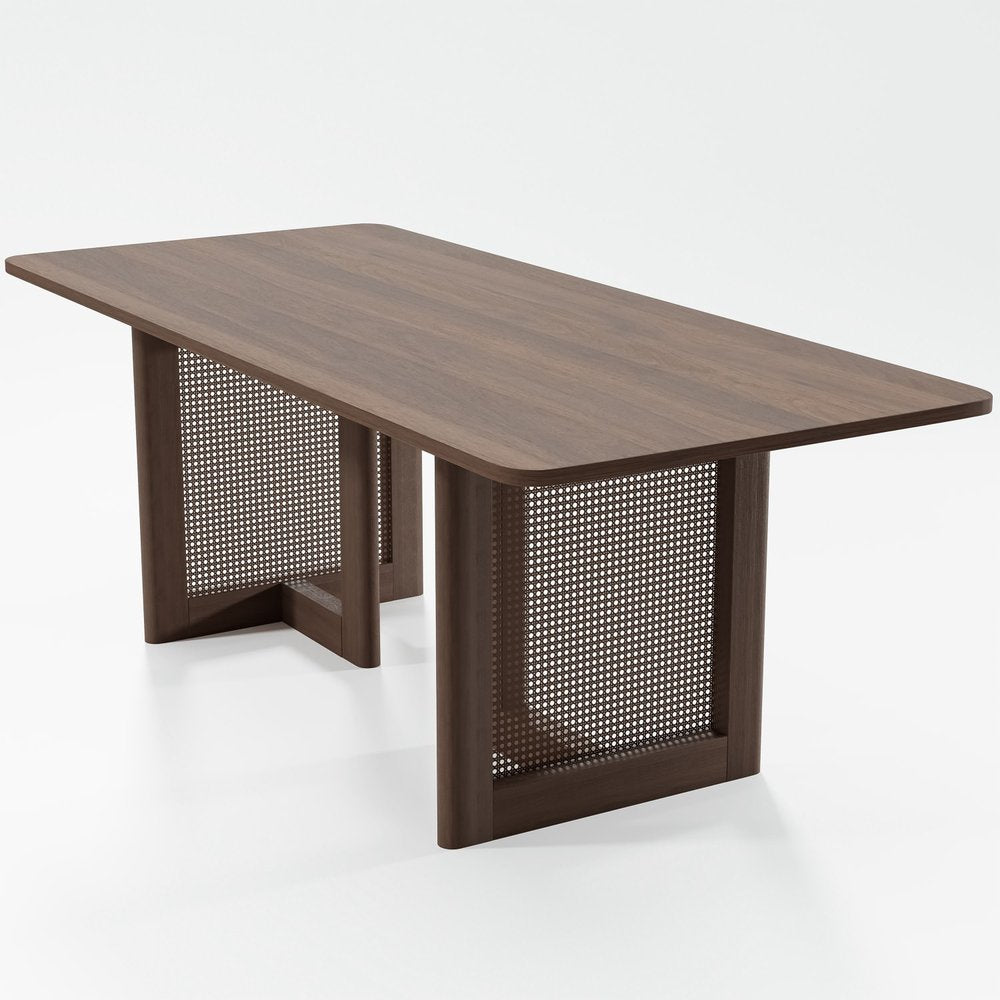 79" Walnut Solid Wood And Rattan Double Pedestal Base Dining Table