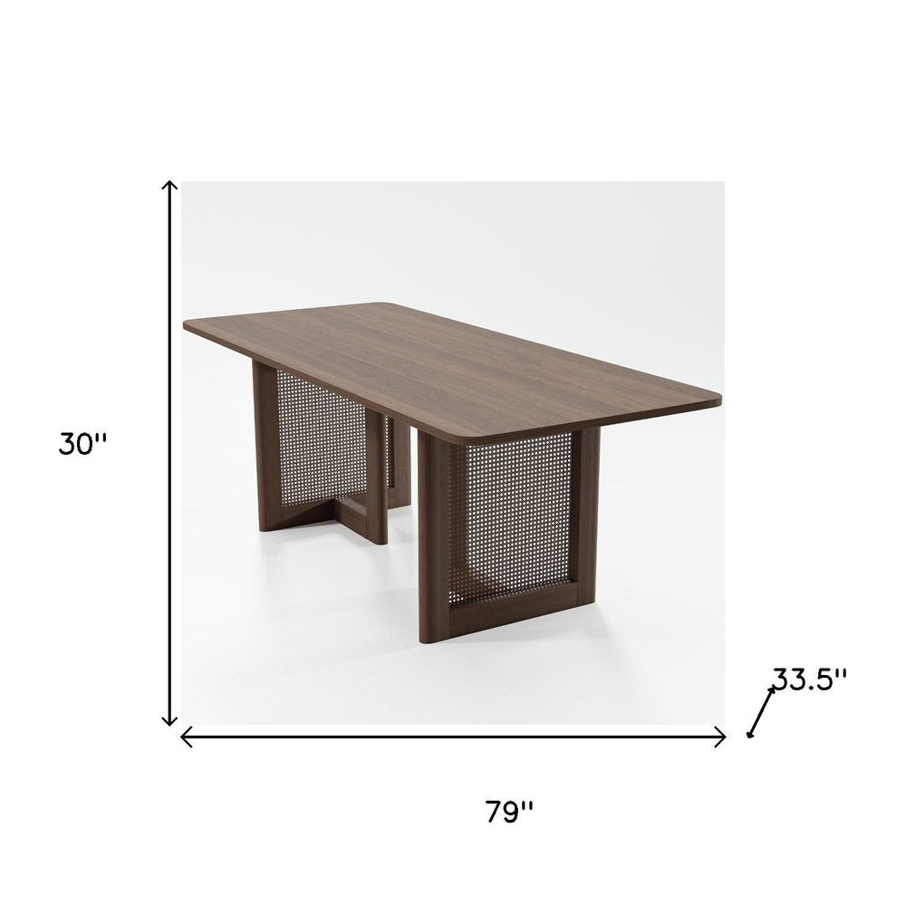 79" Walnut Solid Wood And Rattan Double Pedestal Base Dining Table