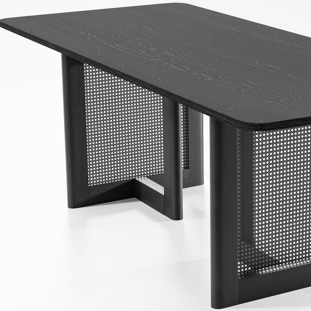 79" Black Solid Wood And Rattan Double Pedestal Base Dining Table