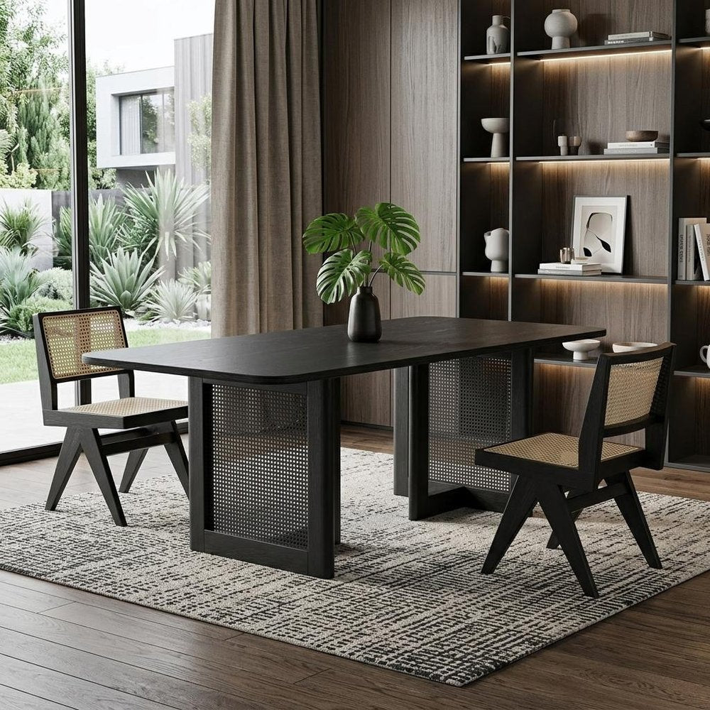 79" Black Solid Wood And Rattan Double Pedestal Base Dining Table