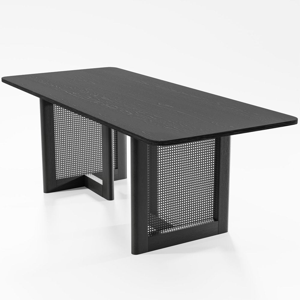 79" Black Solid Wood And Rattan Double Pedestal Base Dining Table