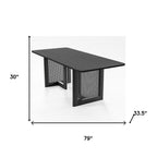 79" Black Solid Wood And Rattan Double Pedestal Base Dining Table