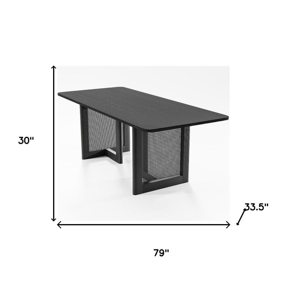 79" Black Solid Wood And Rattan Double Pedestal Base Dining Table