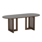 80" Brown Wood And Rattan Double Pedestal Base Oval Dining Table