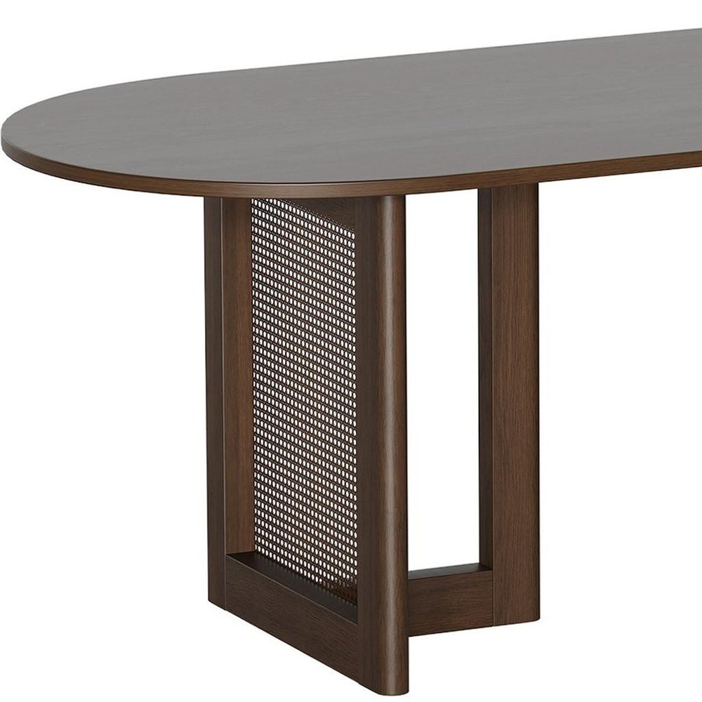 80" Brown Wood And Rattan Double Pedestal Base Oval Dining Table