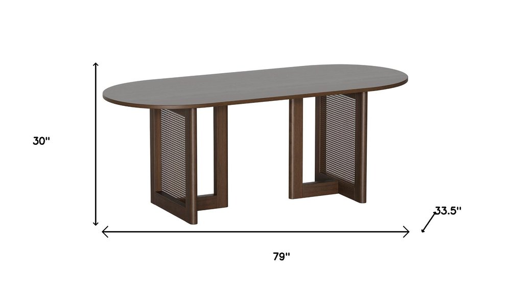 80" Brown Wood And Rattan Double Pedestal Base Oval Dining Table
