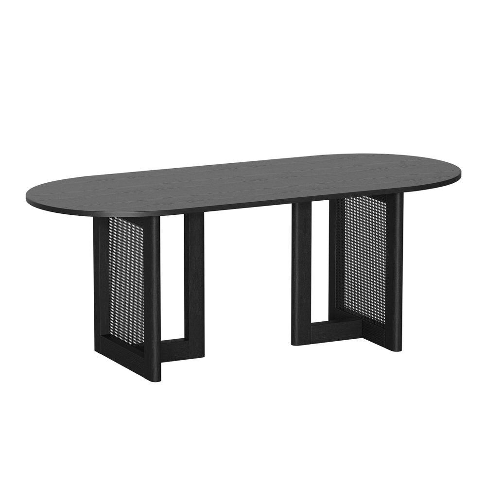 80" Brown Wood And Rattan Double Pedestal Base Oval Dining Table