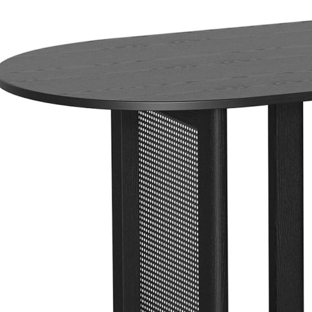 80" Brown Wood And Rattan Double Pedestal Base Oval Dining Table