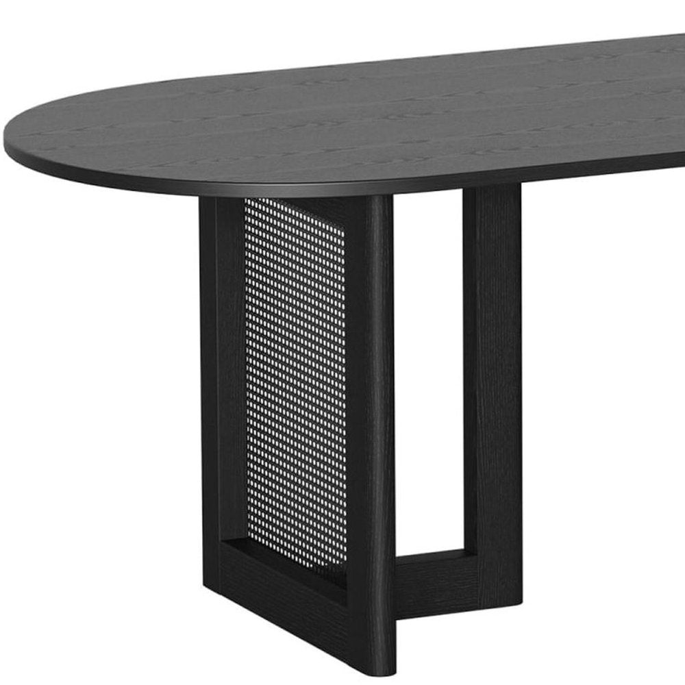 80" Brown Wood And Rattan Double Pedestal Base Oval Dining Table