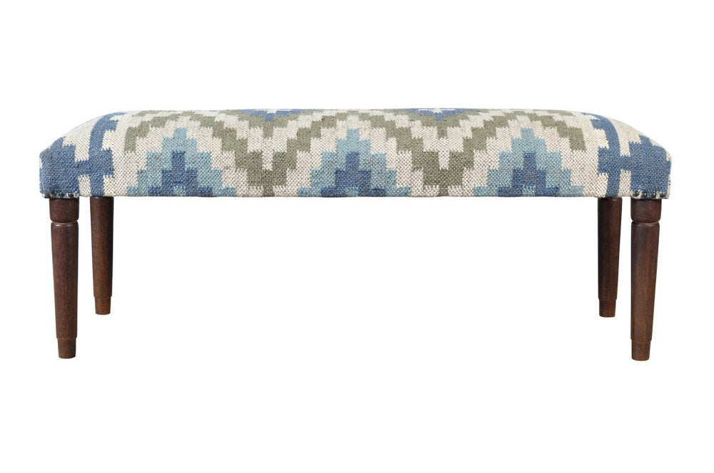 47" Blue Sage And Brown Geometric Jute Wool And Solid Wood Upholstered Bench