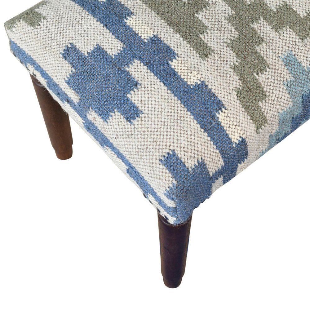 47" Blue Sage and Brown Geometric Jute Wool and Solid Wood Upholstered Bench
