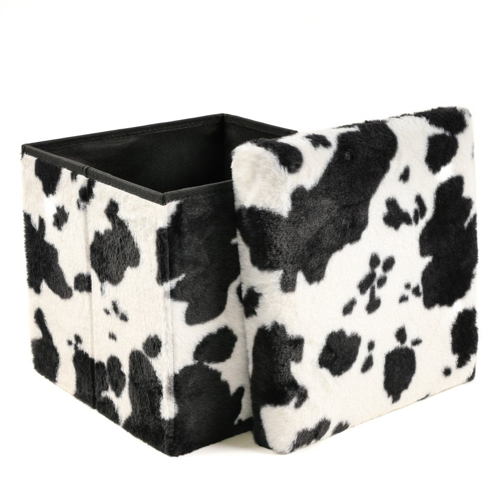 12" Black And White Faux Fur Cow Print Ottoman