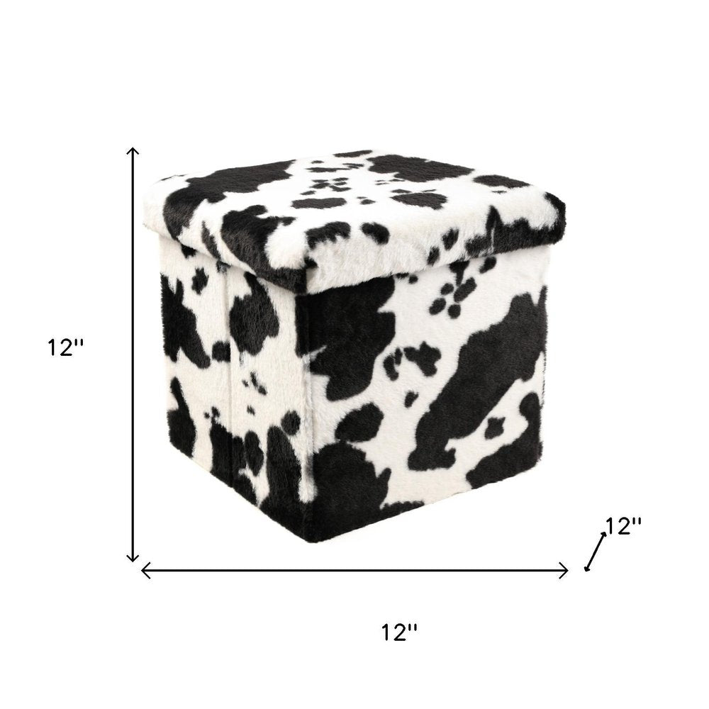 12" Black And White Faux Fur Cow Print Ottoman