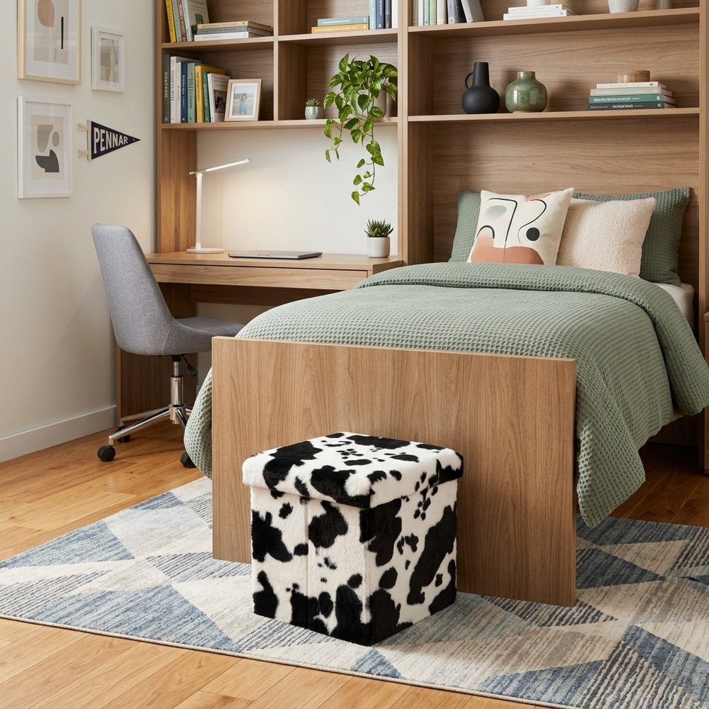 12" Black And White Faux Fur Cow Print Ottoman