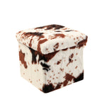 12" Brown And White Faux Fur Cow Print Ottoman