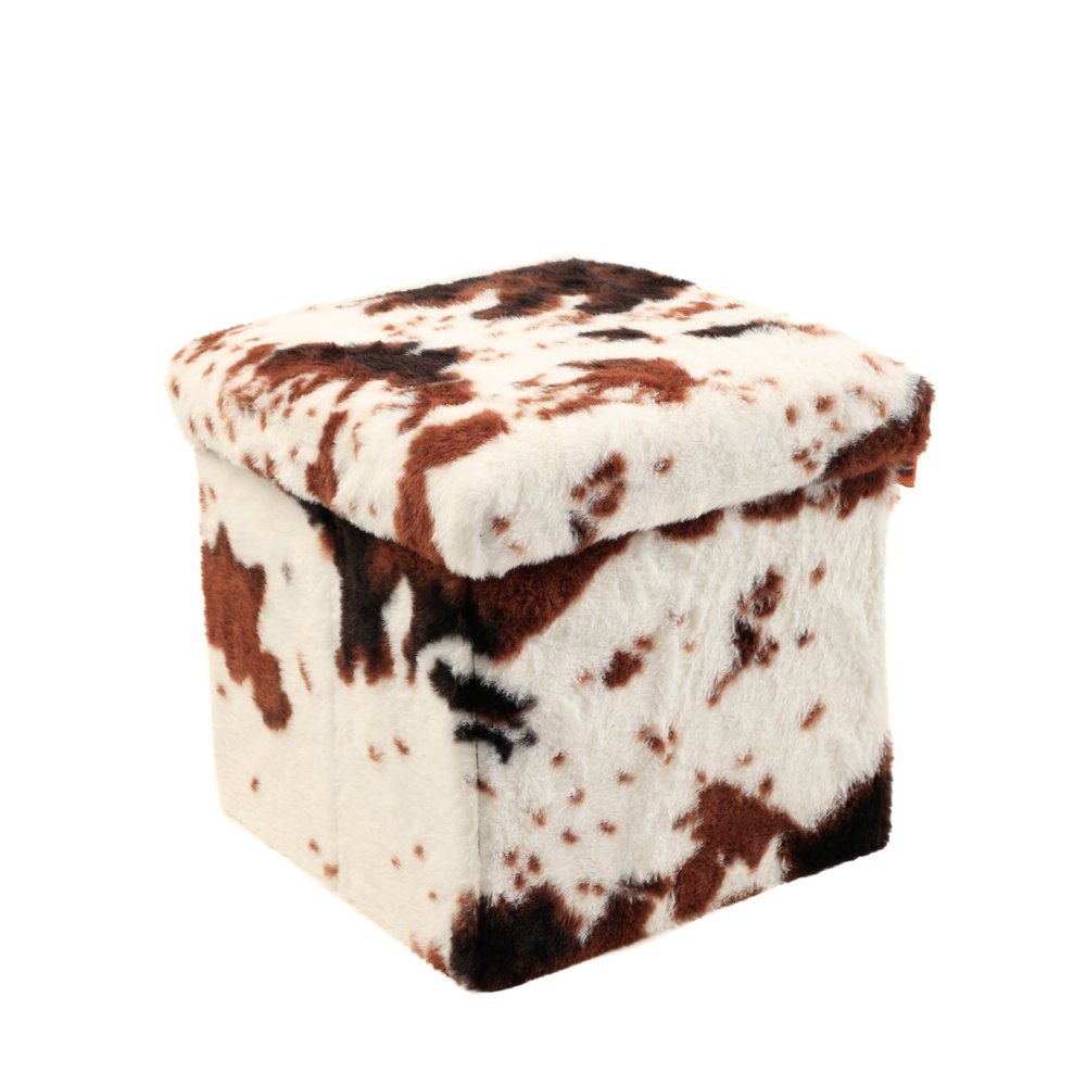12" Brown And White Faux Fur Cow Print Ottoman