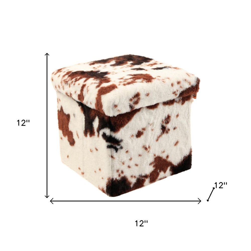 12" Brown And White Faux Fur Cow Print Ottoman