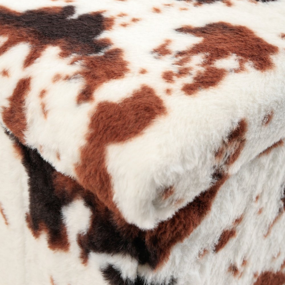 15" White And Brown Faux Fur Cow Print Ottoman