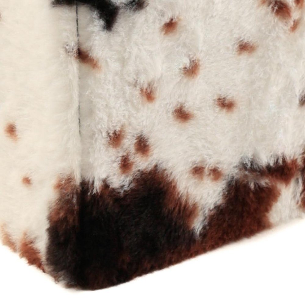 15" White And Brown Faux Fur Cow Print Ottoman