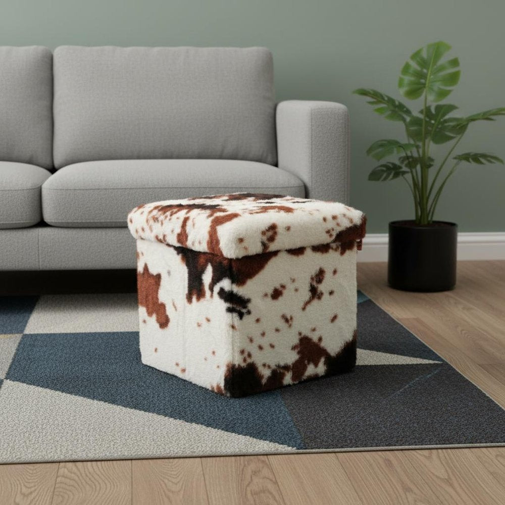 15" White And Brown Faux Fur Cow Print Ottoman