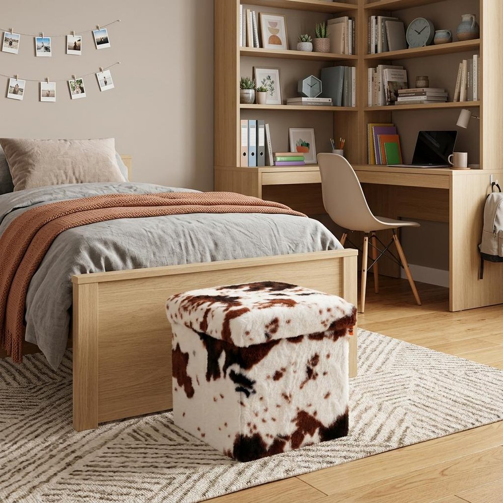 15" White And Brown Faux Fur Cow Print Ottoman