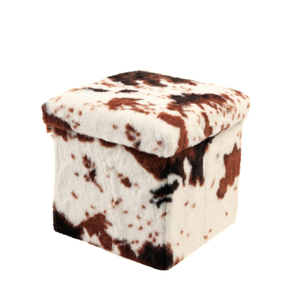 15" White And Brown Faux Fur Cow Print Ottoman