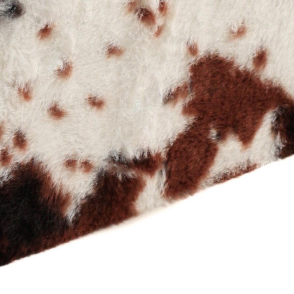 15" White And Brown Faux Fur Cow Print Ottoman