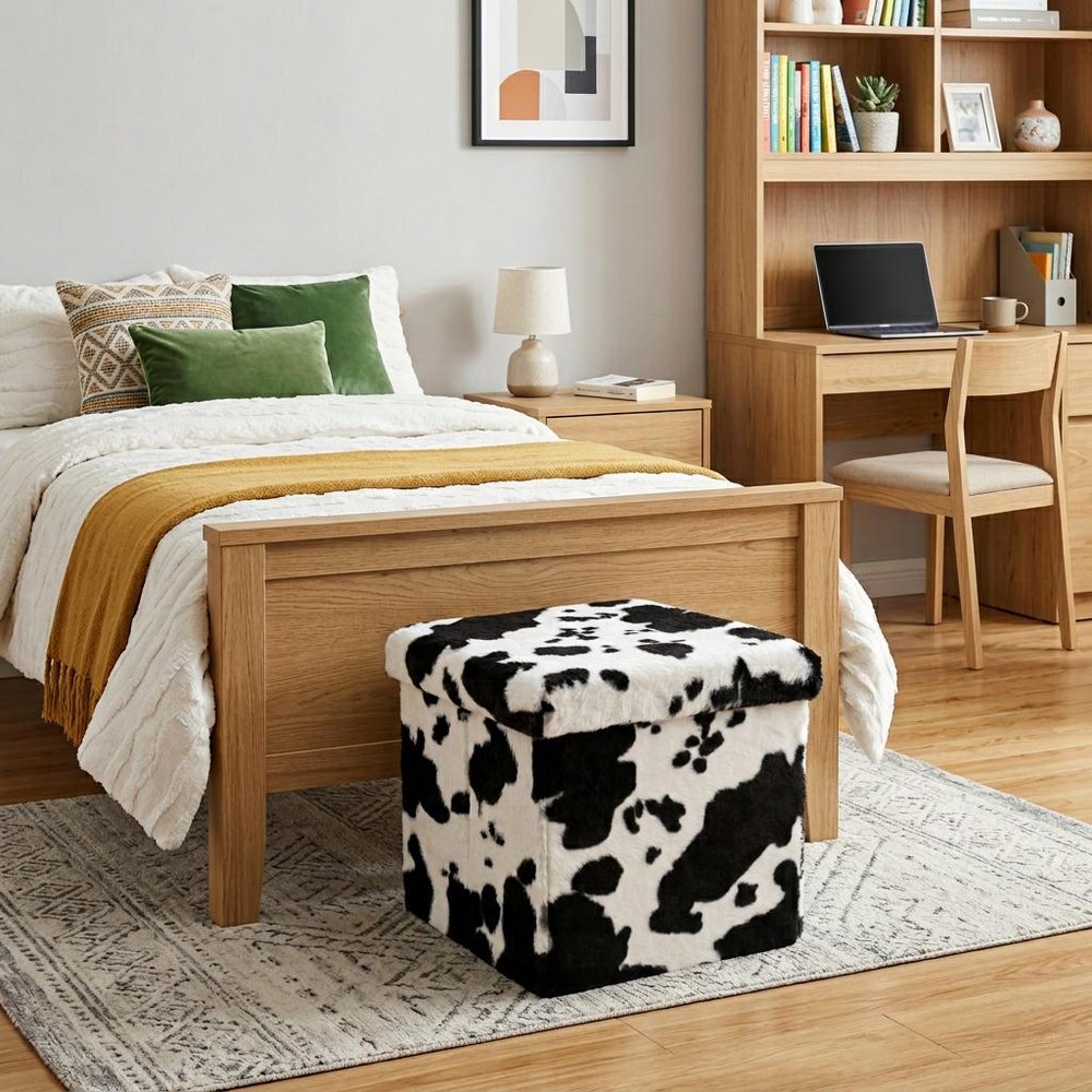 12" Black And White Faux Fur Cow Print Ottoman