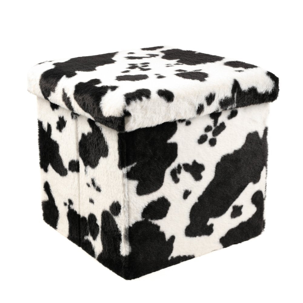 12" Black And White Faux Fur Cow Print Ottoman