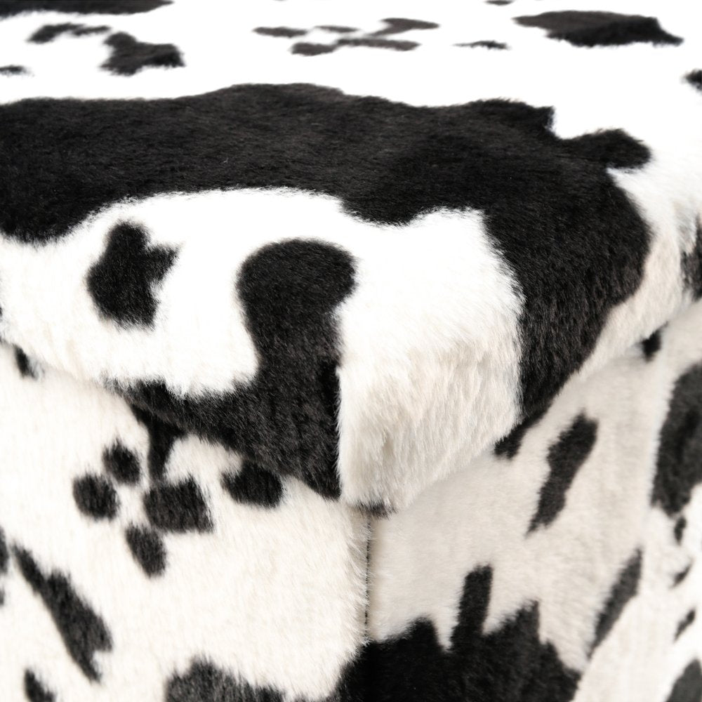 12" Black And White Faux Fur Cow Print Ottoman
