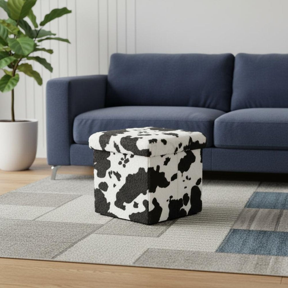 12" Black And White Faux Fur Cow Print Ottoman