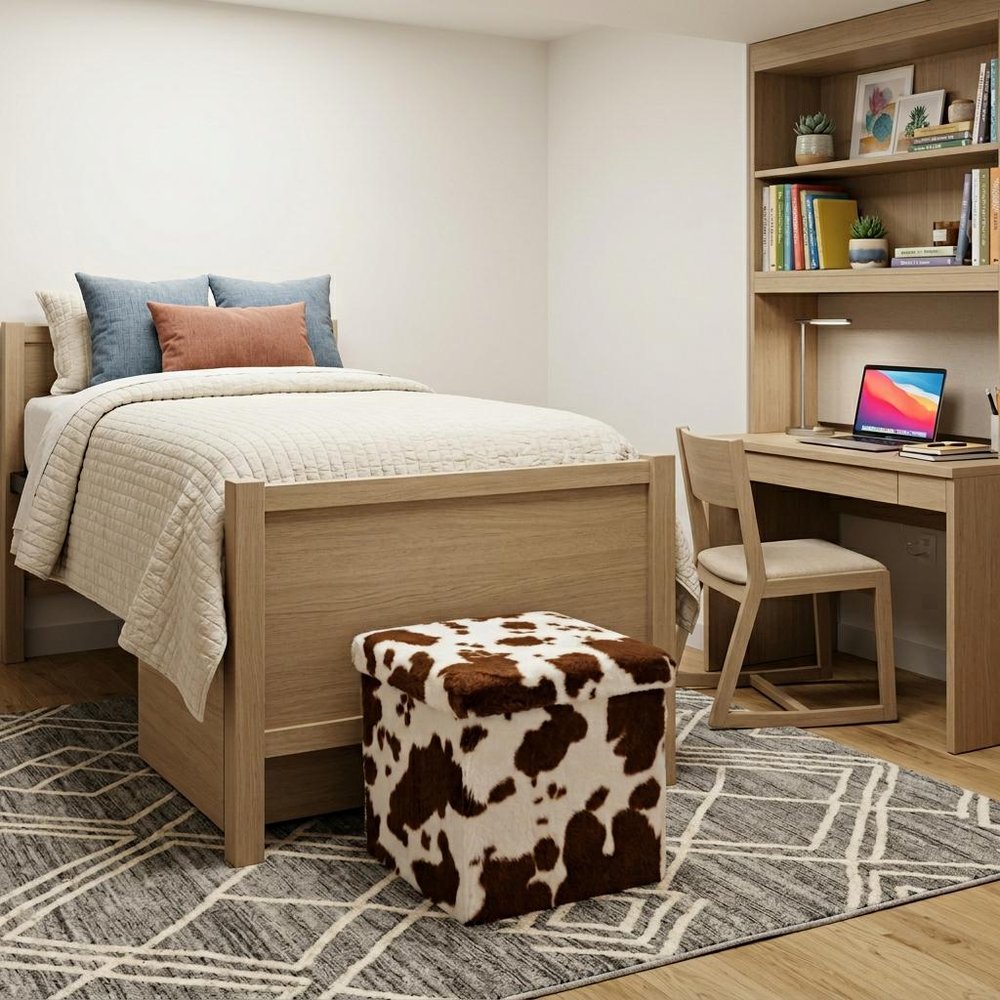 12" Brown And White Faux Fur Cow Print Ottoman