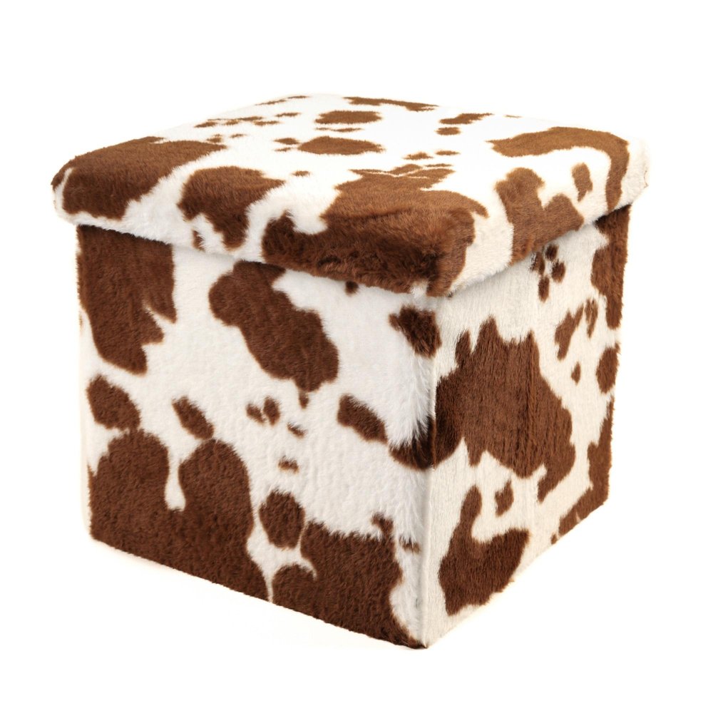 12" Brown And White Faux Fur Cow Print Ottoman