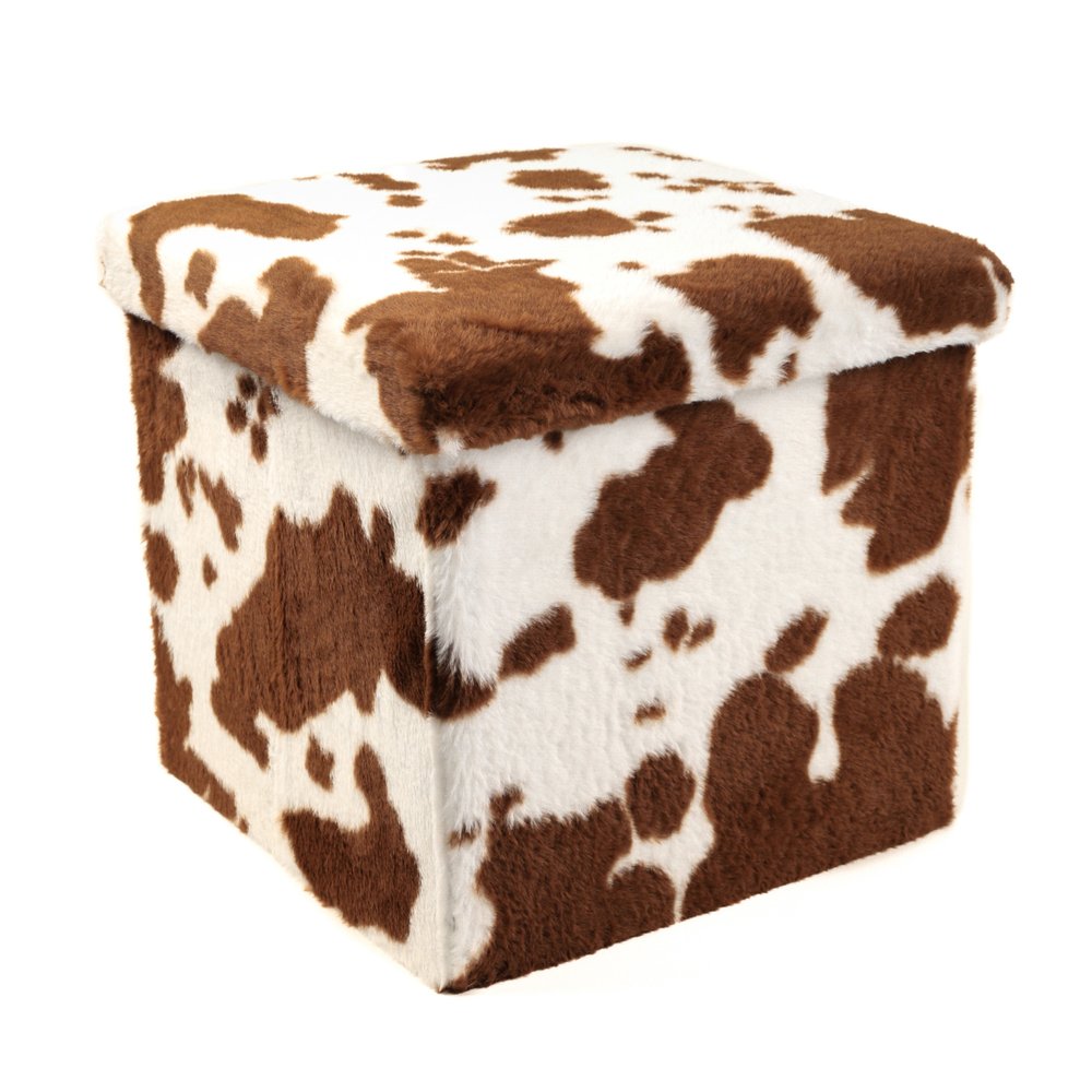 12" Brown And White Faux Fur Cow Print Ottoman