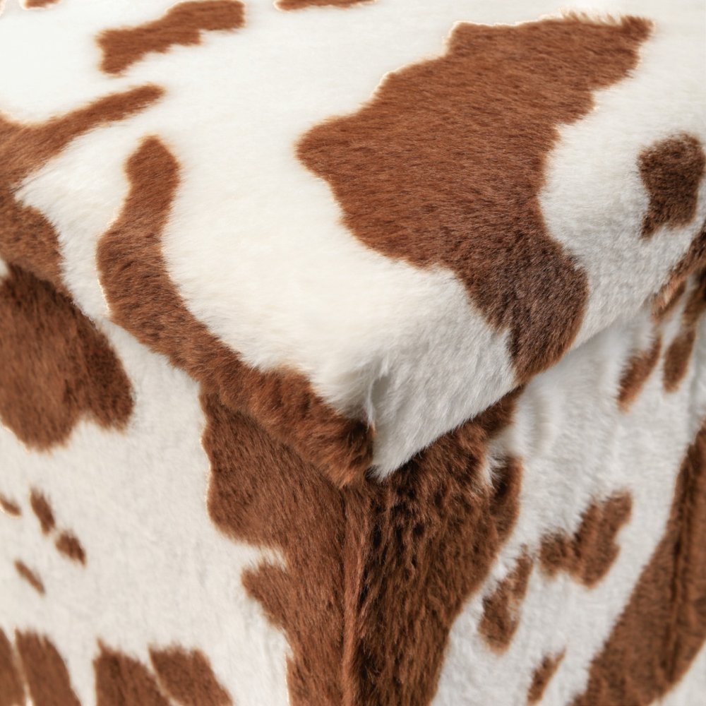 12" Brown And White Faux Fur Cow Print Ottoman