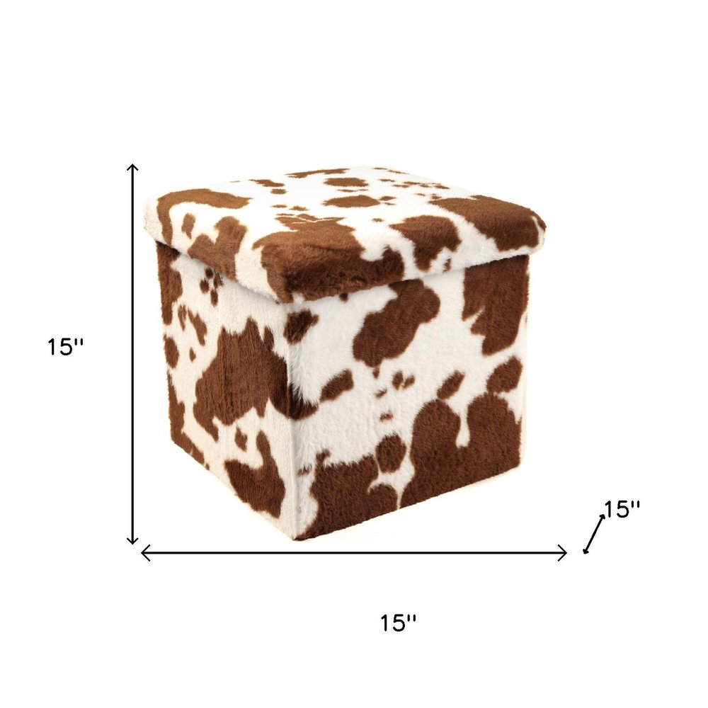 12" Brown And White Faux Fur Cow Print Ottoman