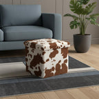 12" Brown And White Faux Fur Cow Print Ottoman