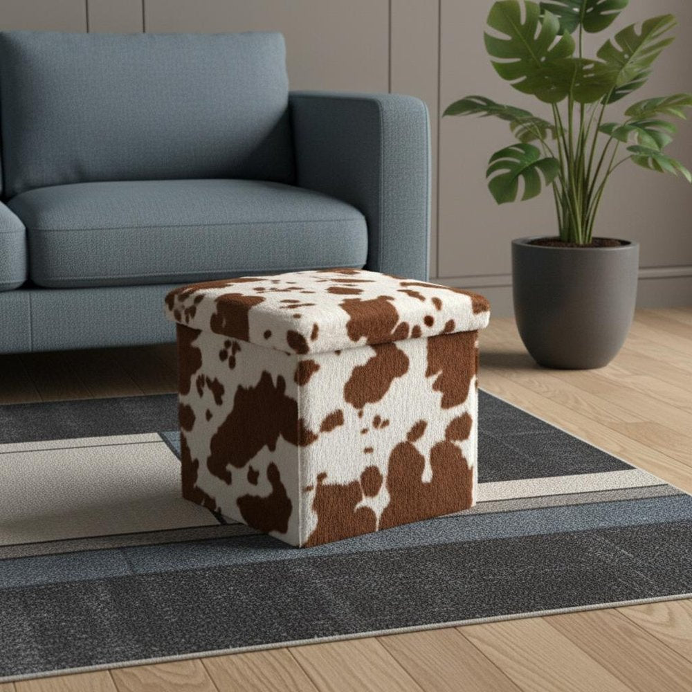 12" Brown And White Faux Fur Cow Print Ottoman