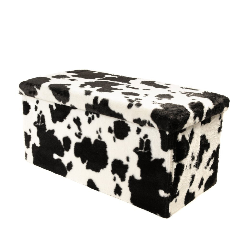 12" Black And White Faux Fur Cow Print Ottoman