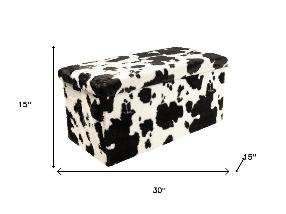 12" Black And White Faux Fur Cow Print Ottoman