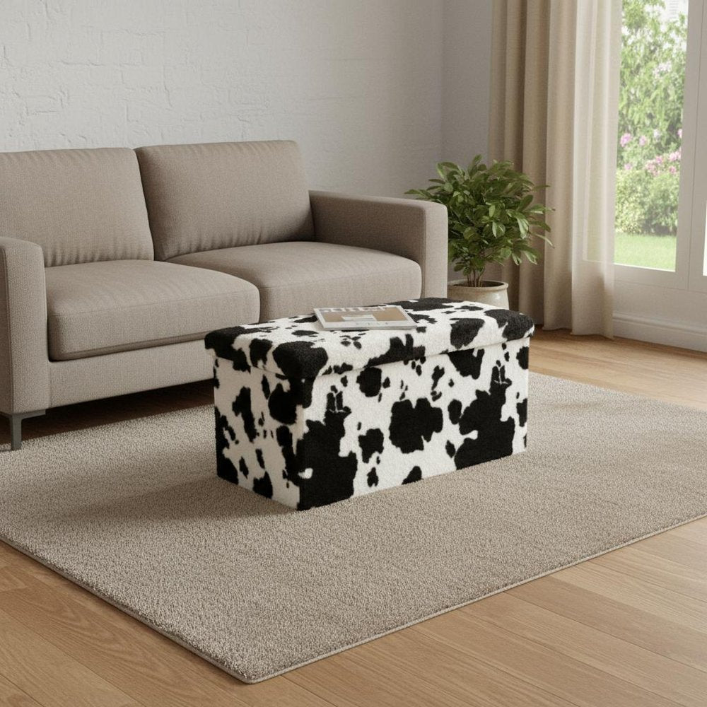 12" Black And White Faux Fur Cow Print Ottoman