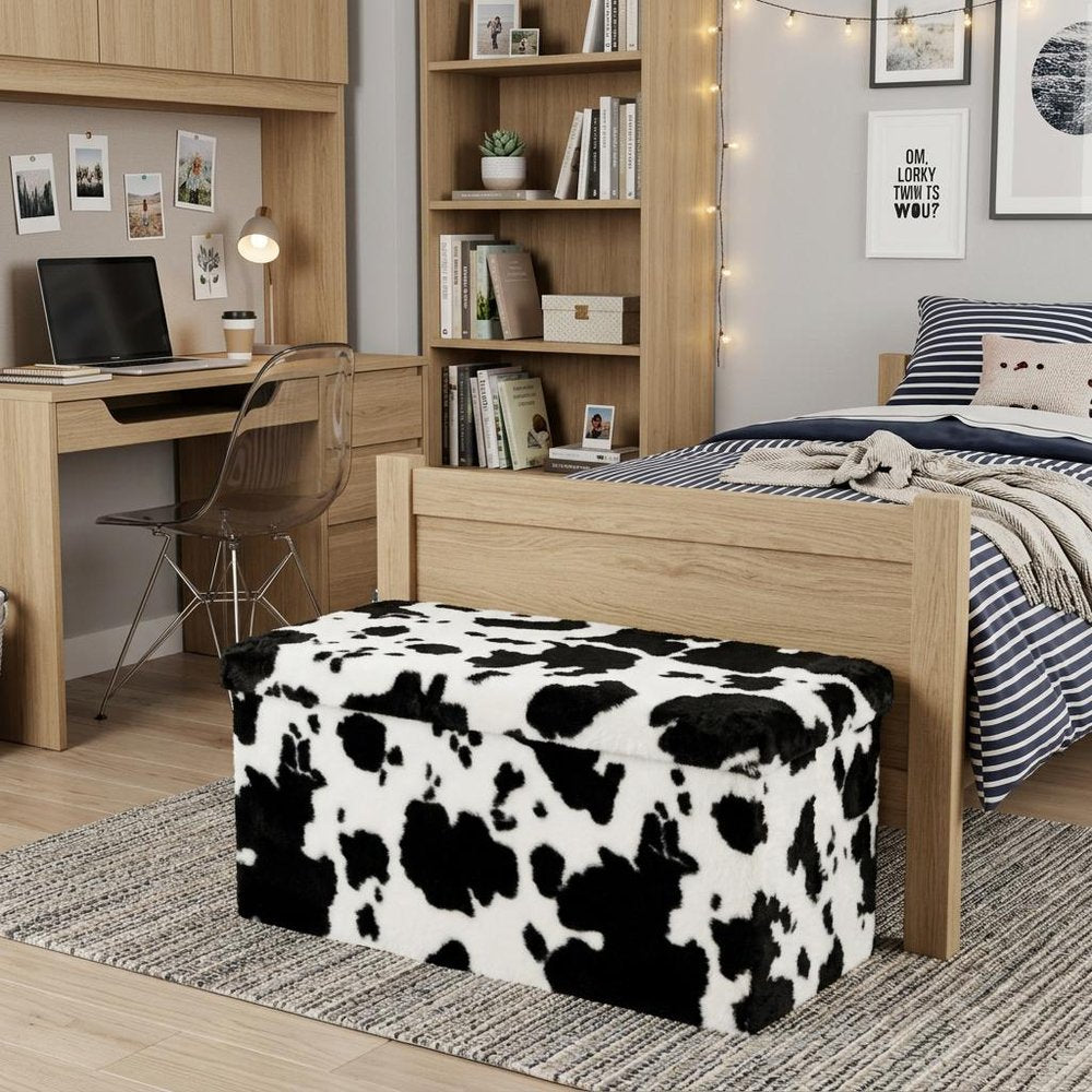 12" Black And White Faux Fur Cow Print Ottoman